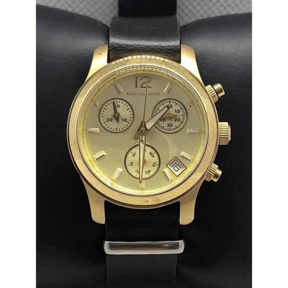 Michael Kors MK5384 Unisex Black Leather Analog Gold Dial Genuine Watch BP38 - Picture 1 of 8
